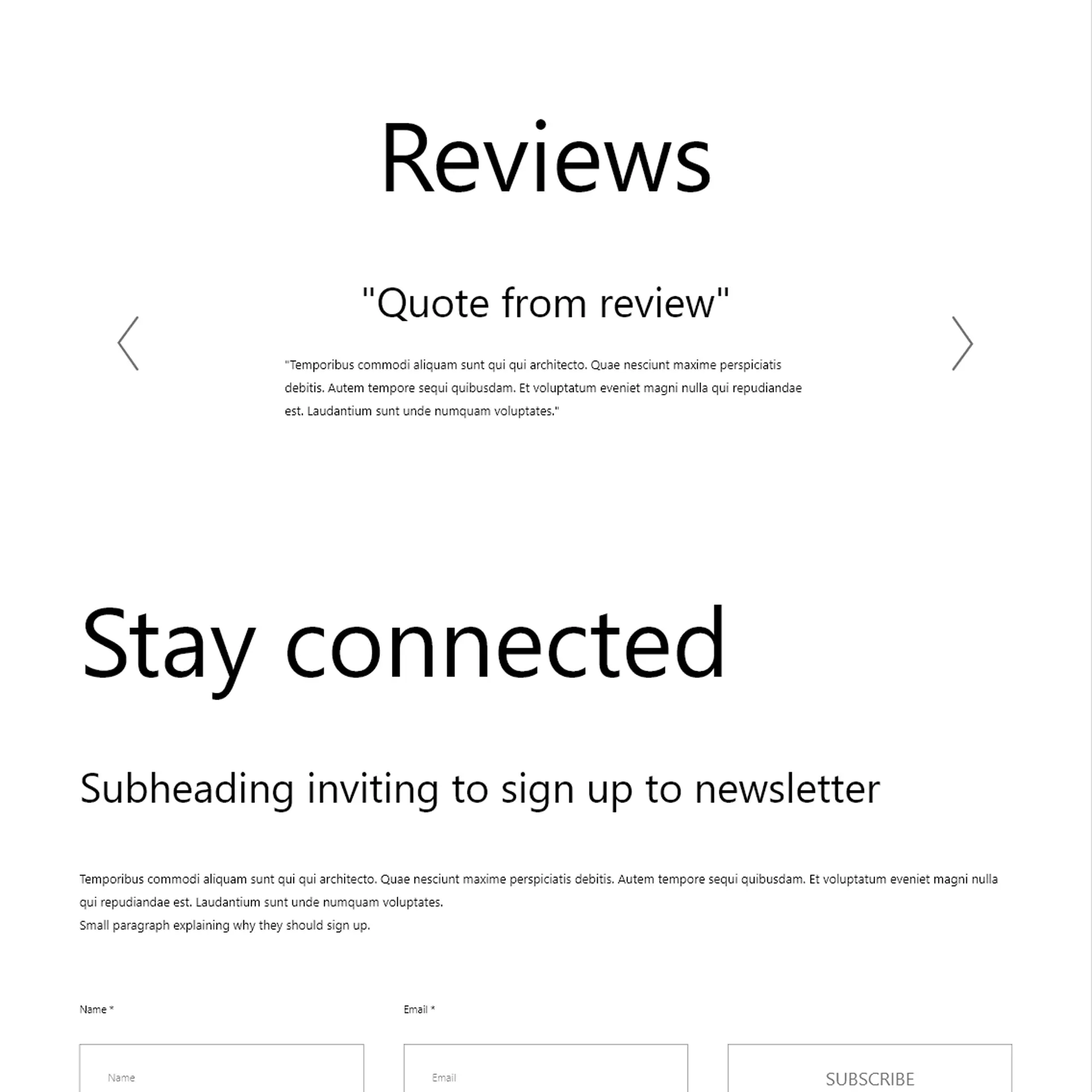Artisan shop reviews and newsletter wireframe