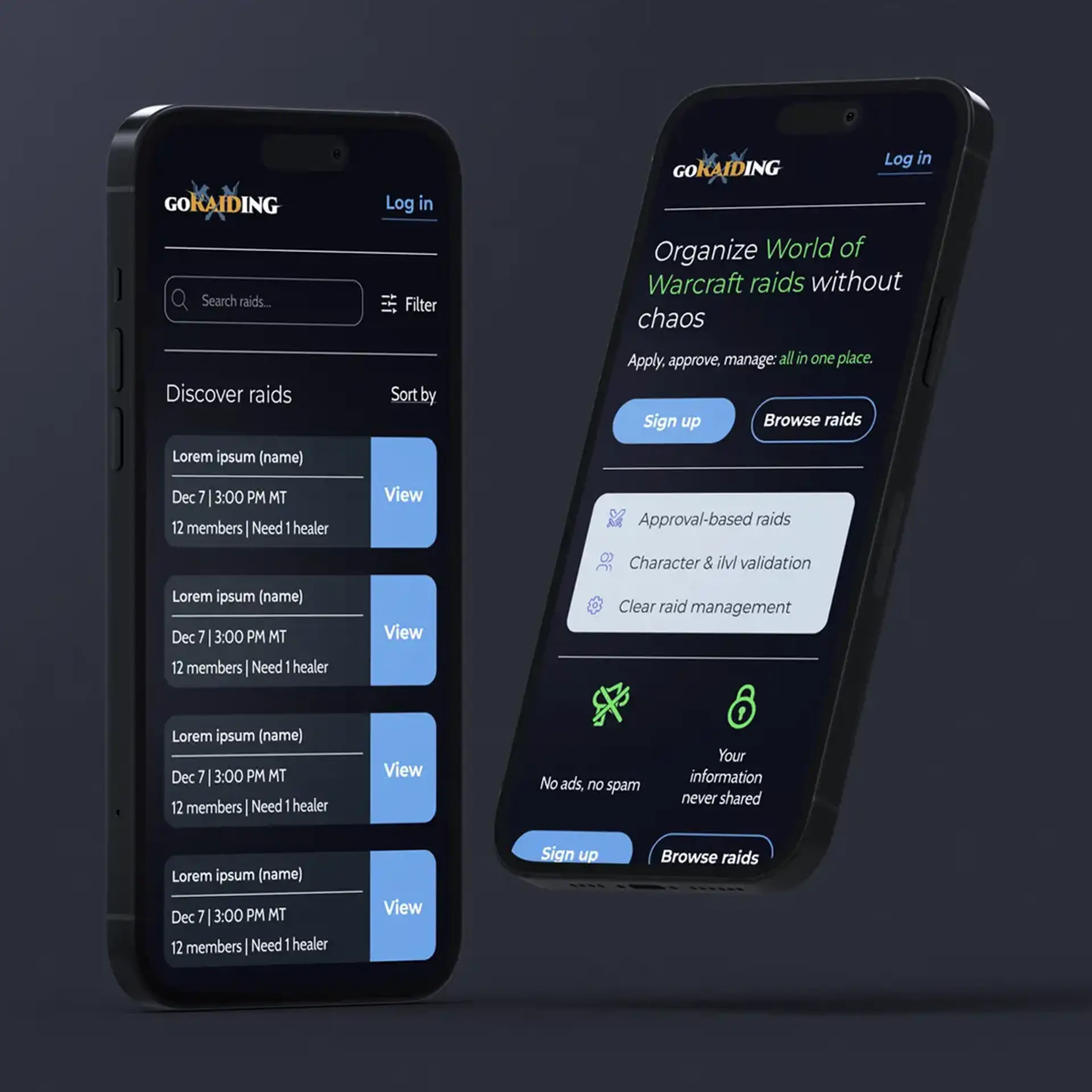 GoRaiding landing page and raid browsing