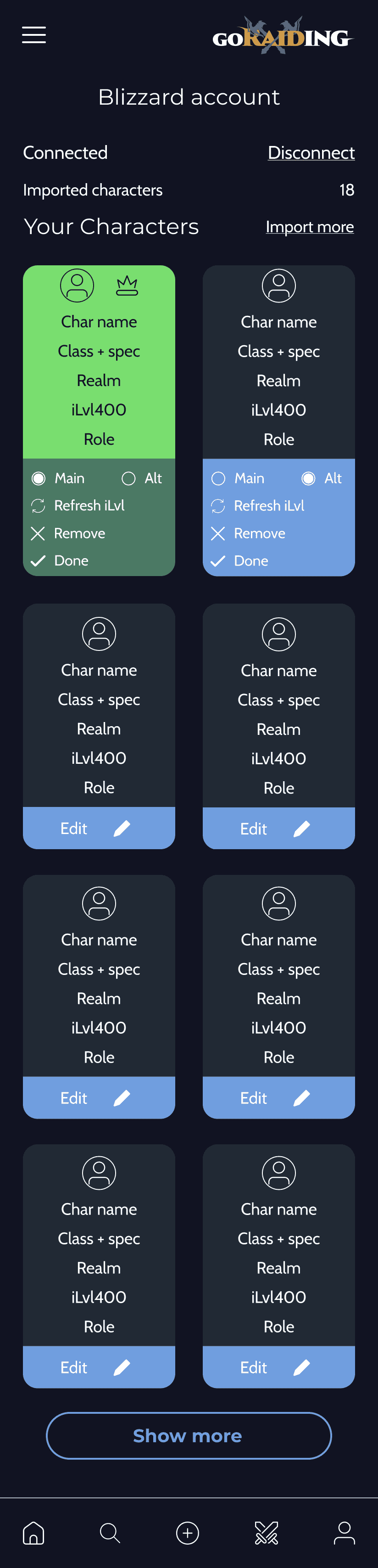 GoRaiding character management screen