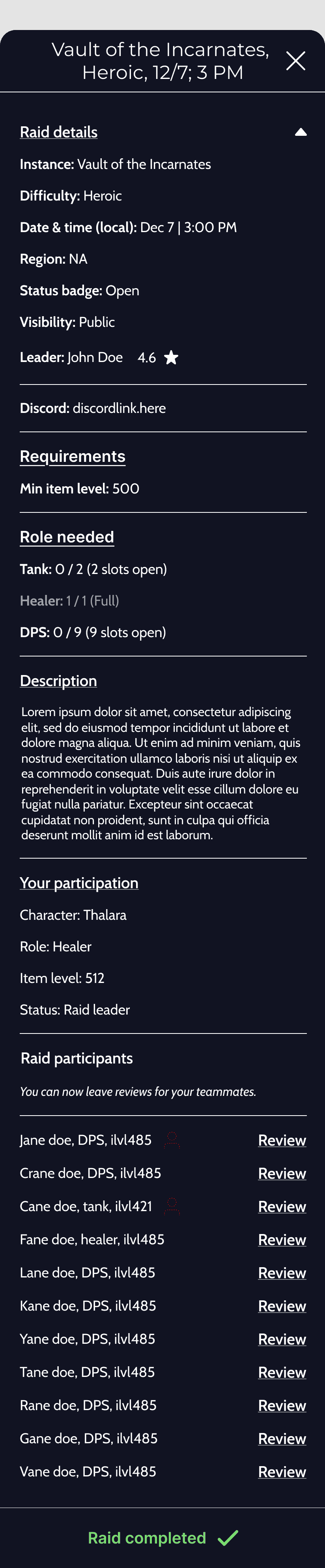 GoRaiding completed raid screen
