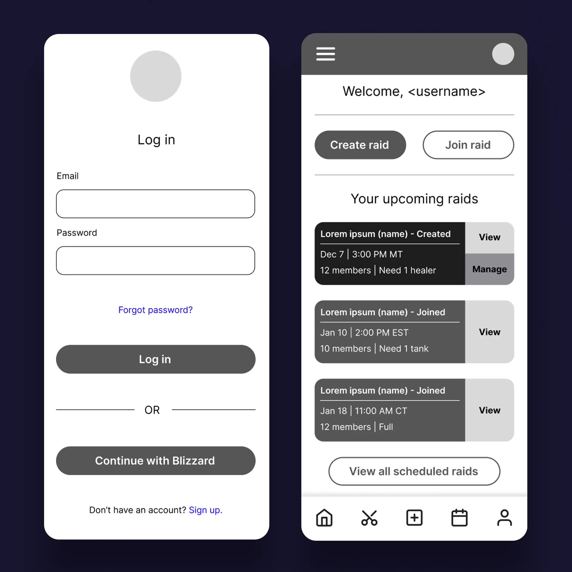 GoRaiding create account and dashboard wireframe