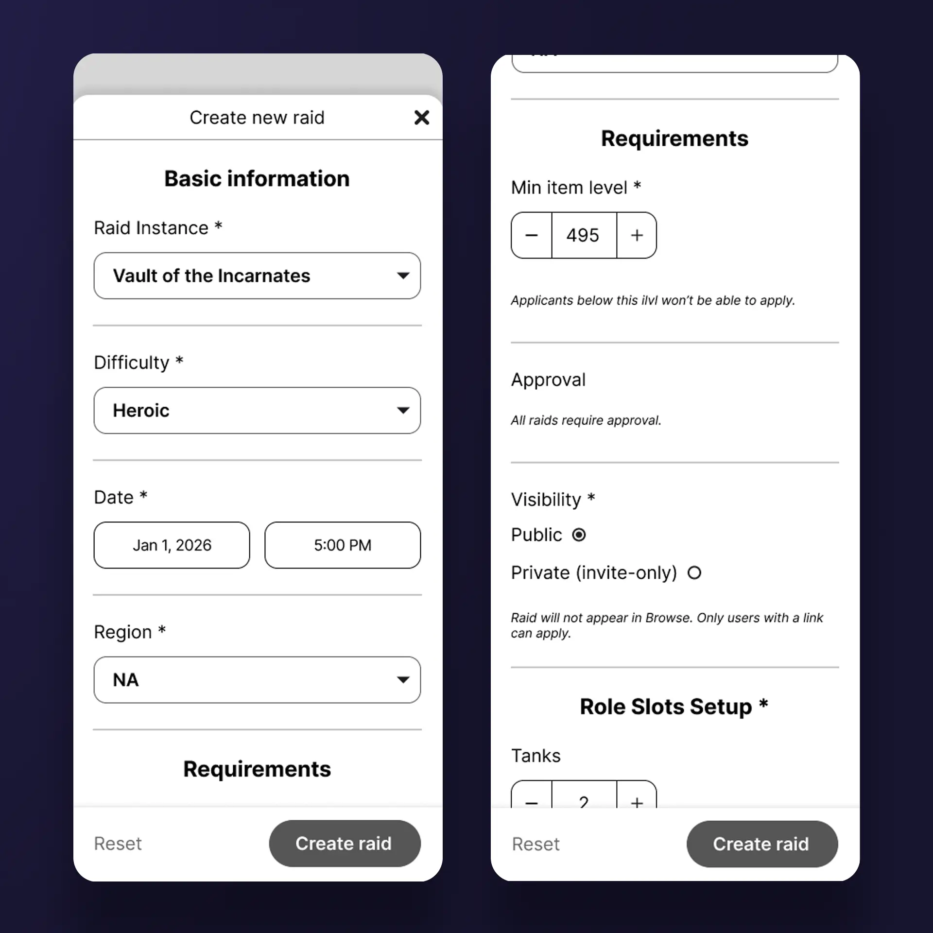 GoRaiding create raid wireframe