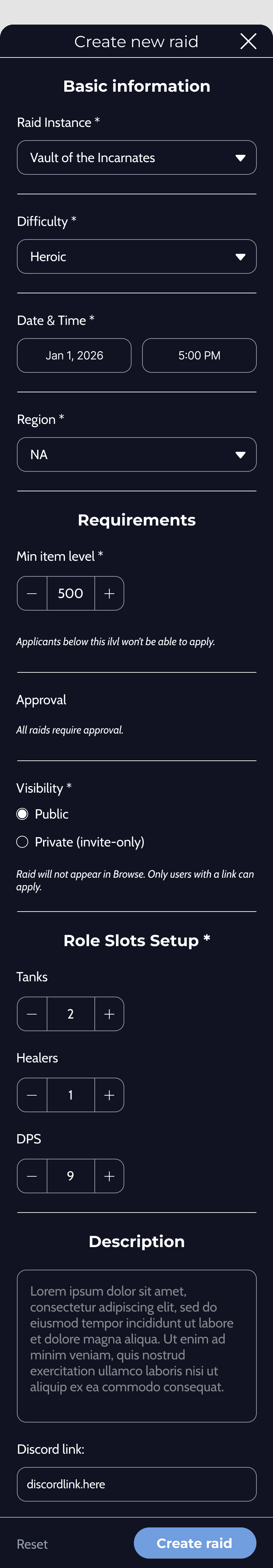 GoRaiding create raid screen