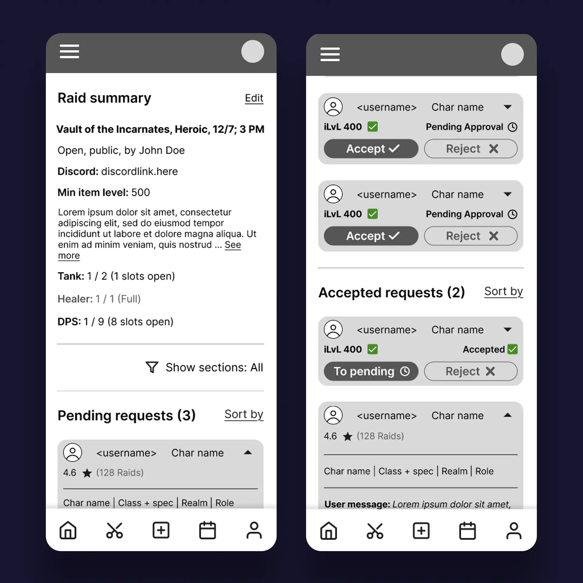 GoRaiding raid management wireframe