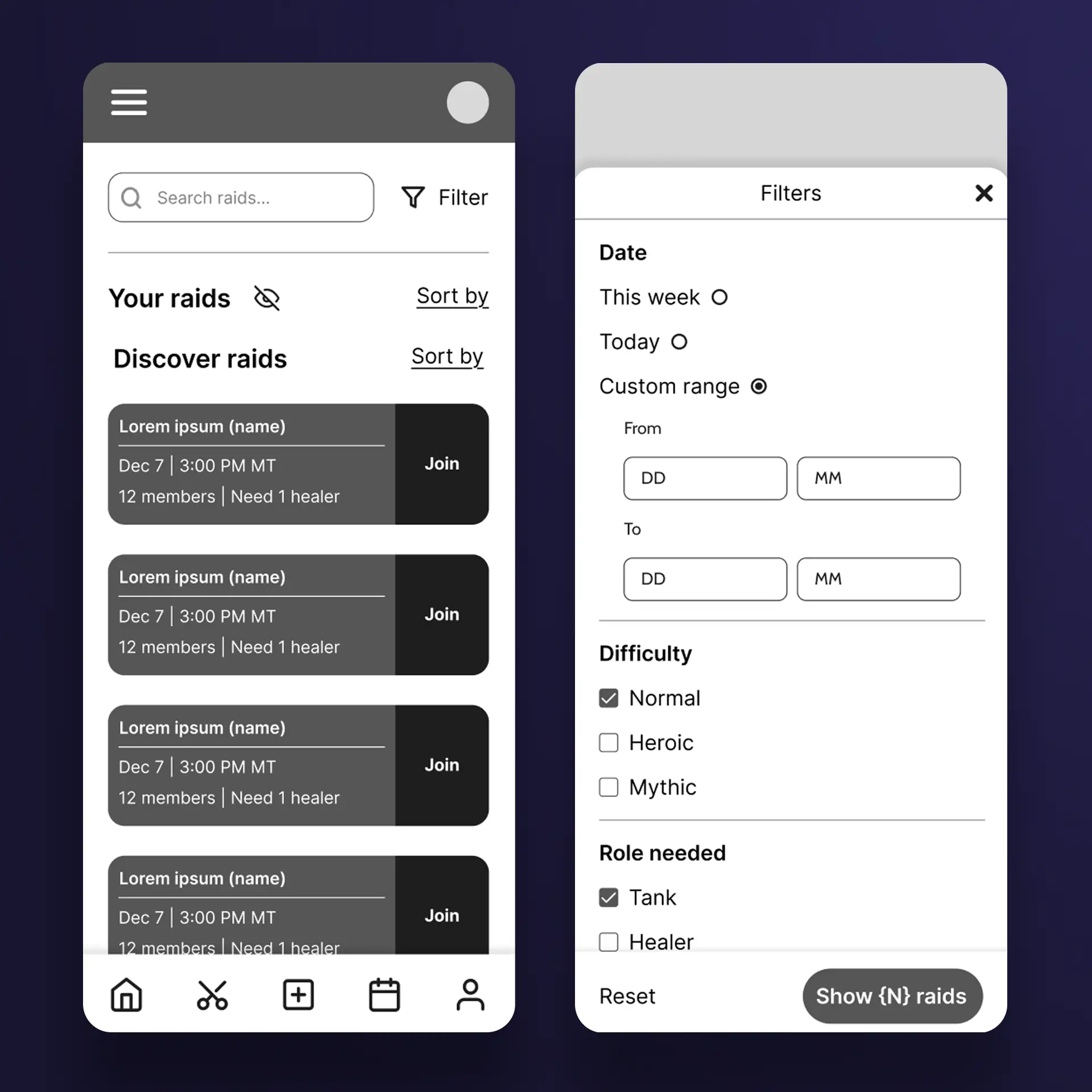 GoRaiding raid browsing with filters wireframe