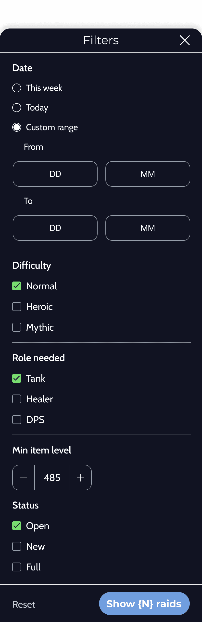 GoRaiding raid browsing filters screen
