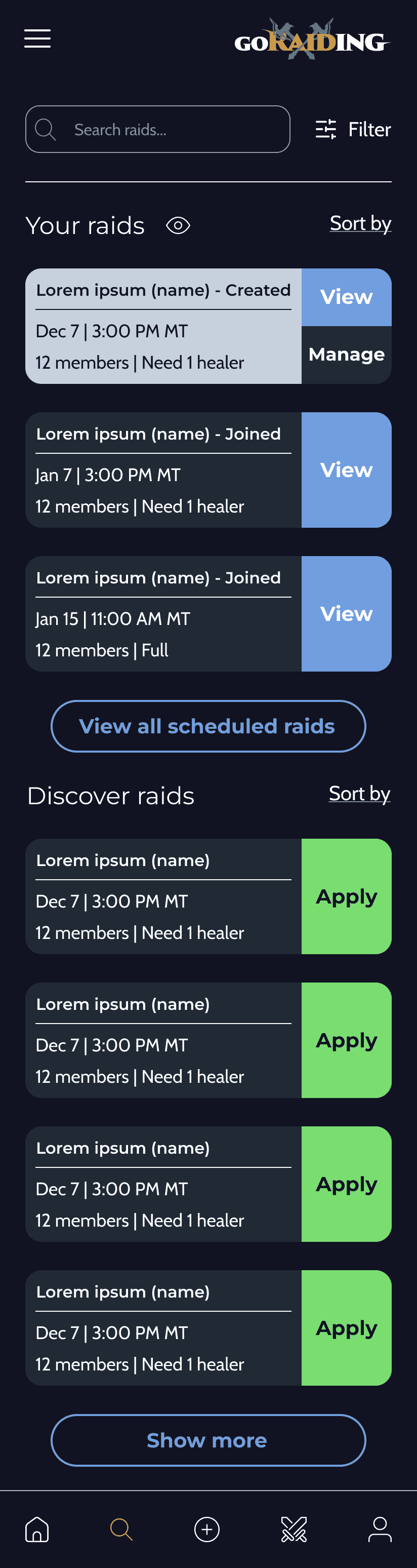 GoRaiding raid browsing screen