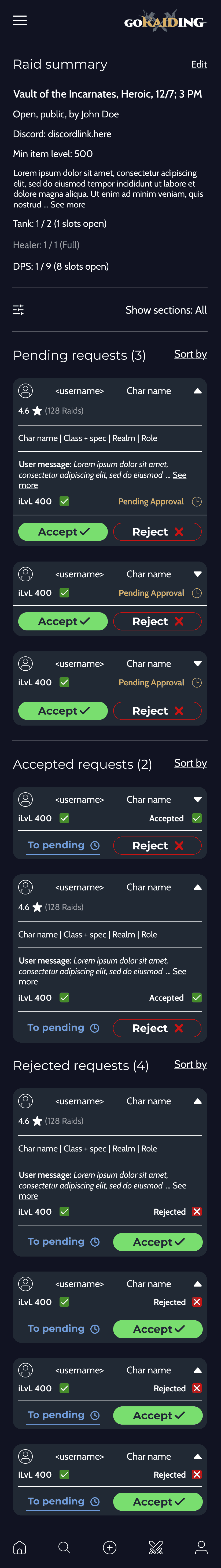 GoRaiding manage raid requests screen