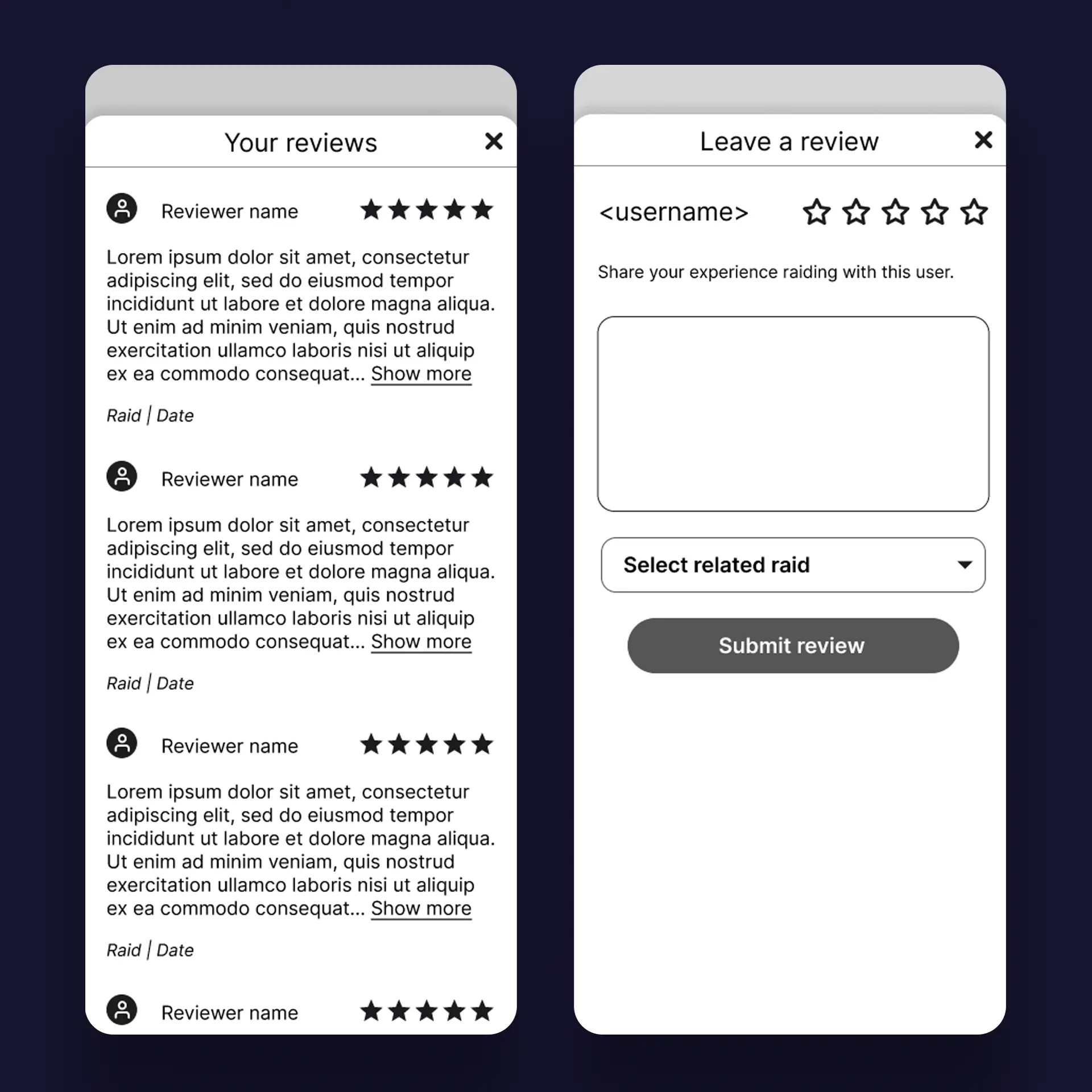 GoRaiding reviews wireframe