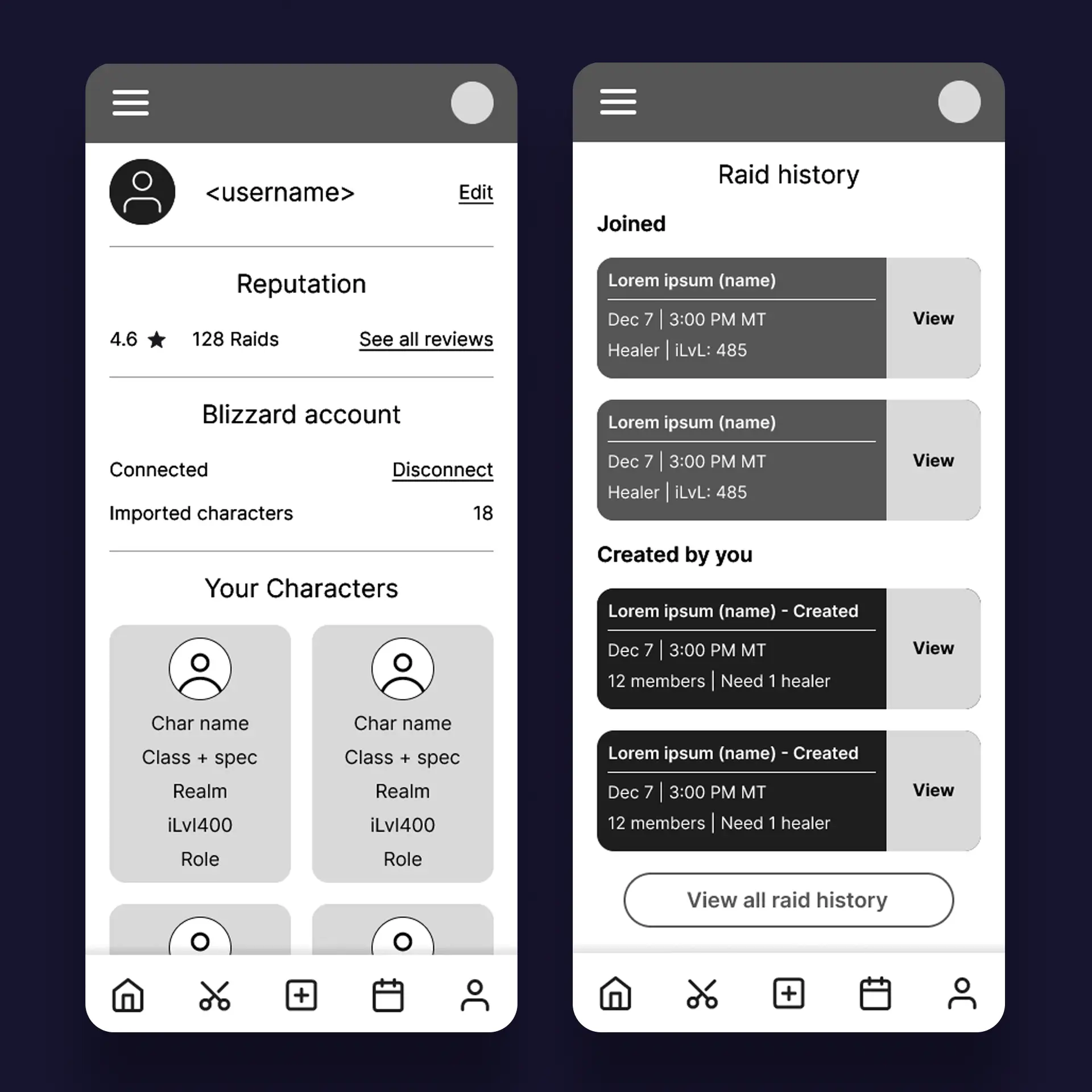 GoRaiding user profile wireframe