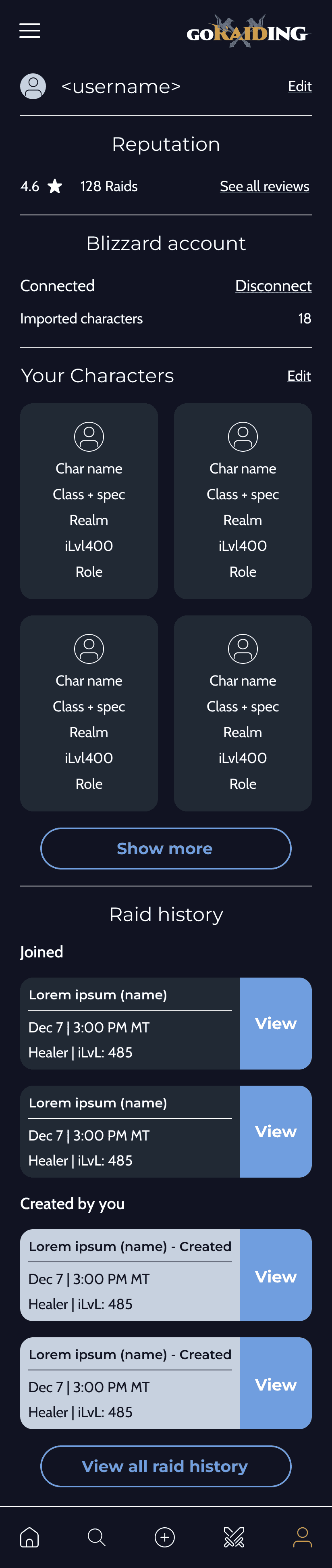 GoRaiding user profile screen