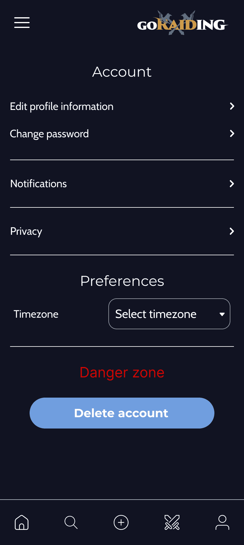 GoRaiding user settings screen