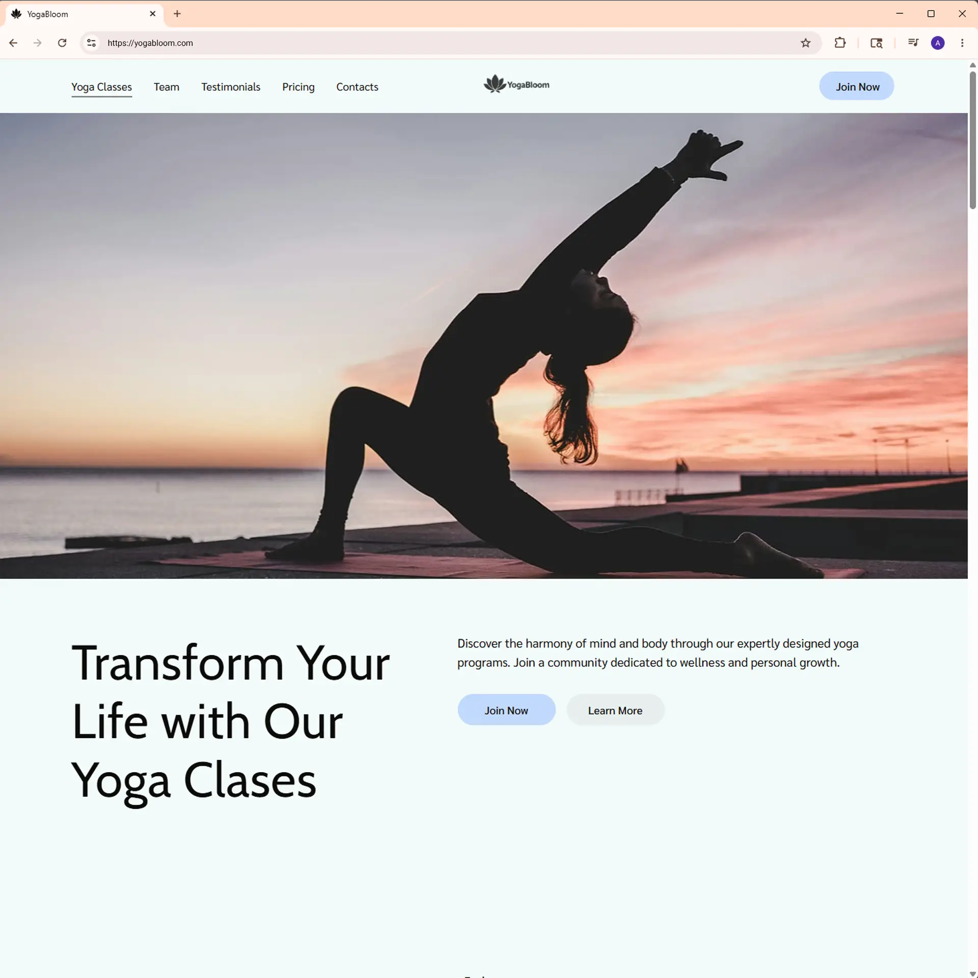 YogaBloom hero section and about
