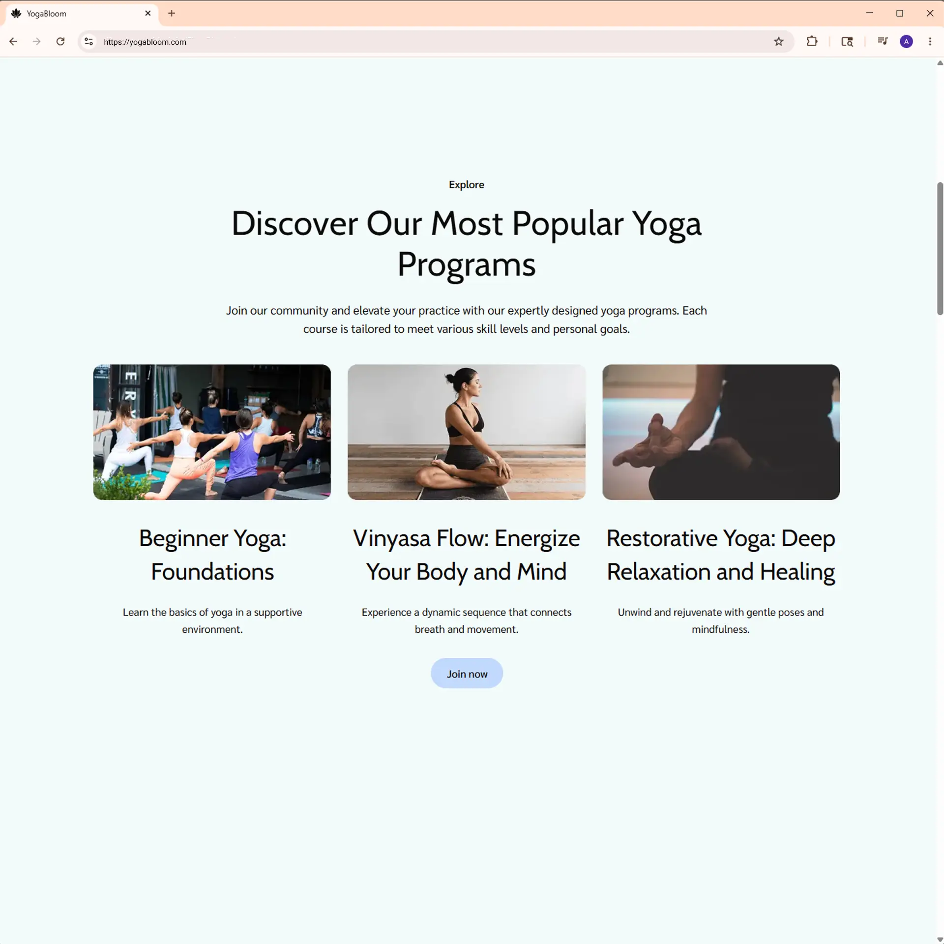 YogaBloom classes section