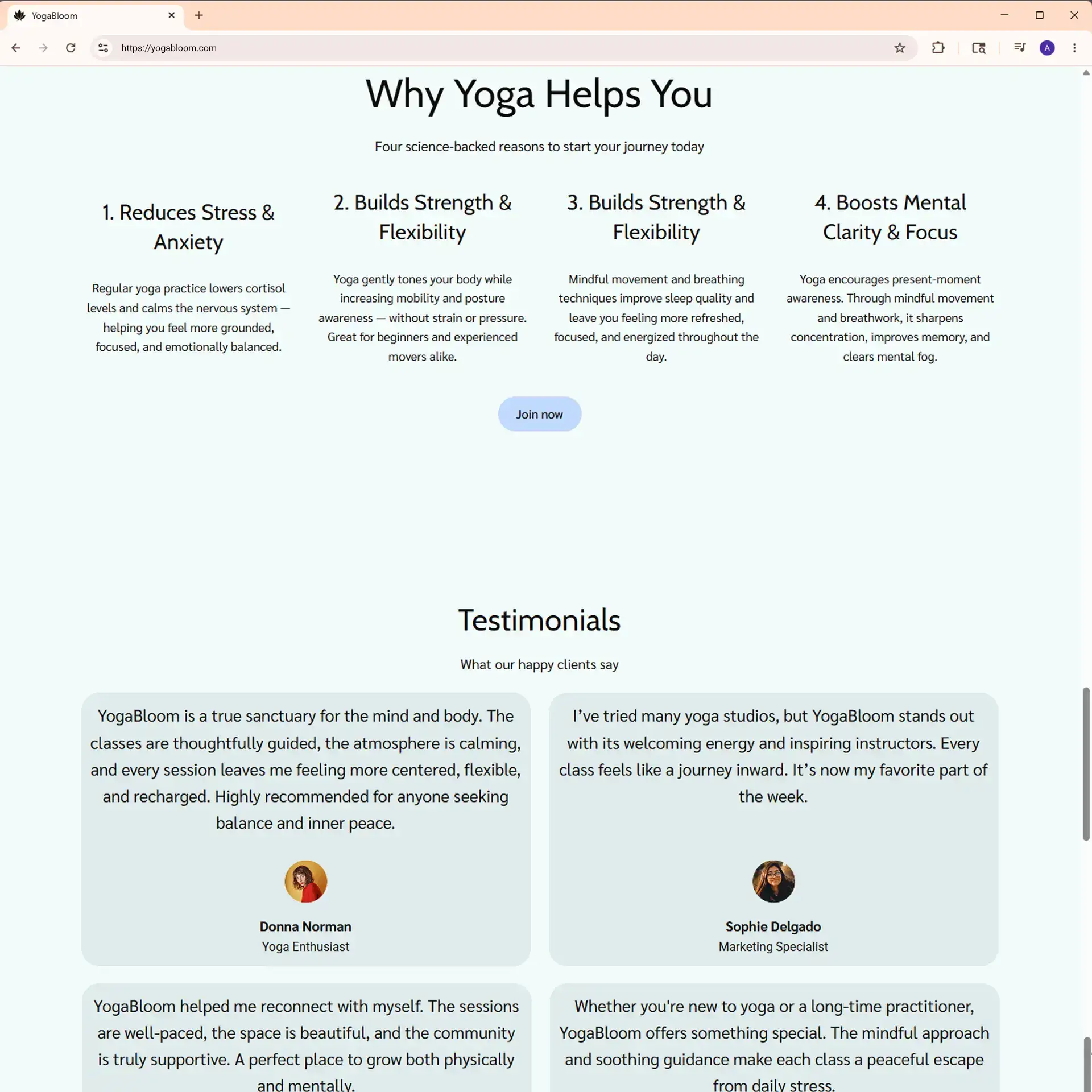 YogaBloom advantages and testimonials sections