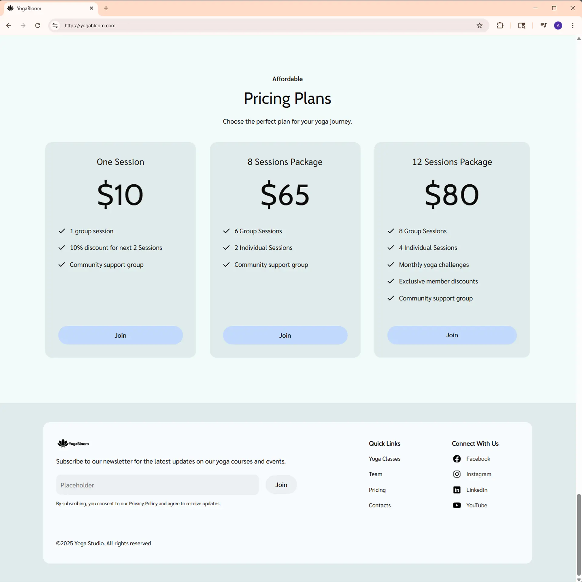 YogaBloom pricing plans and footer section