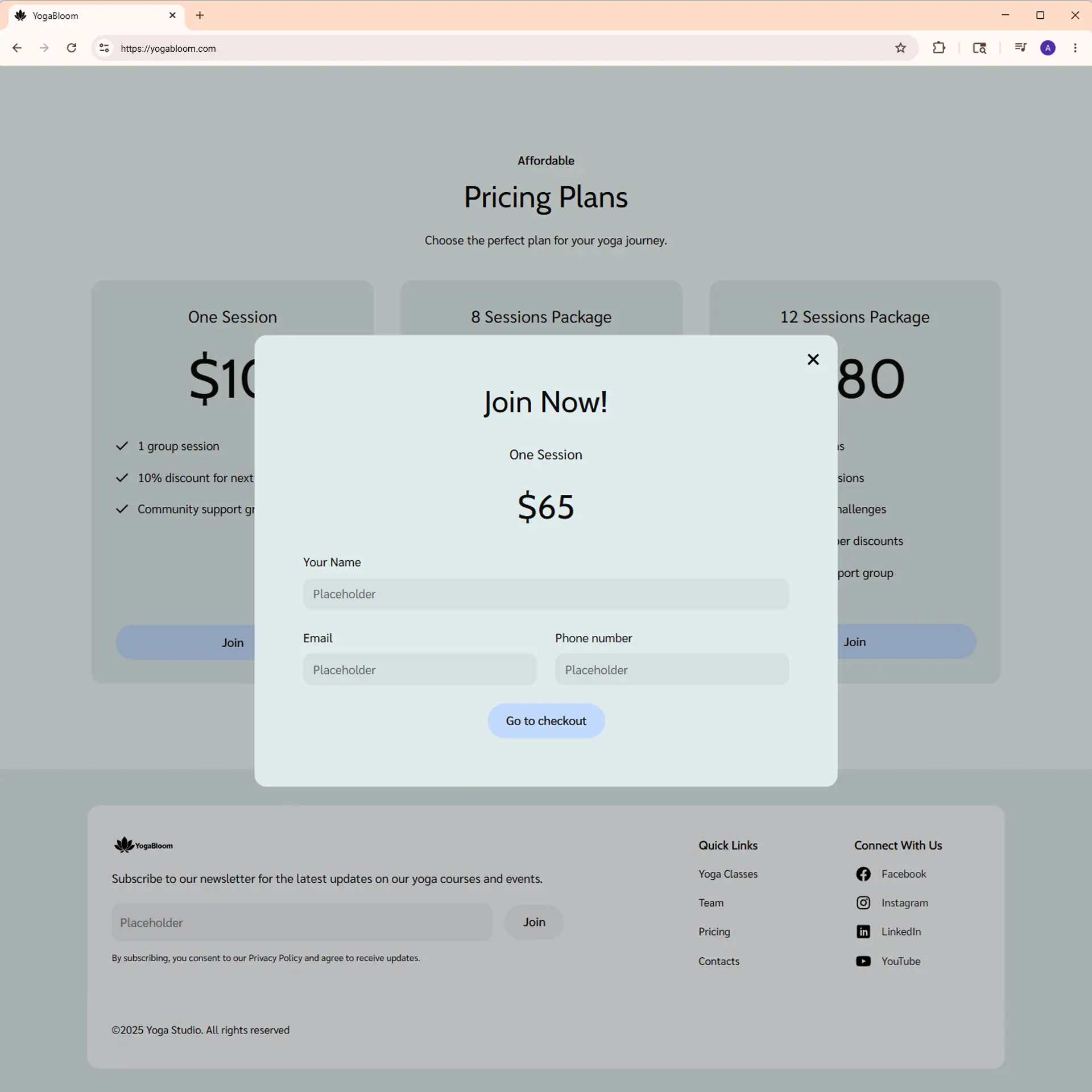 YogaBloom join now modal window