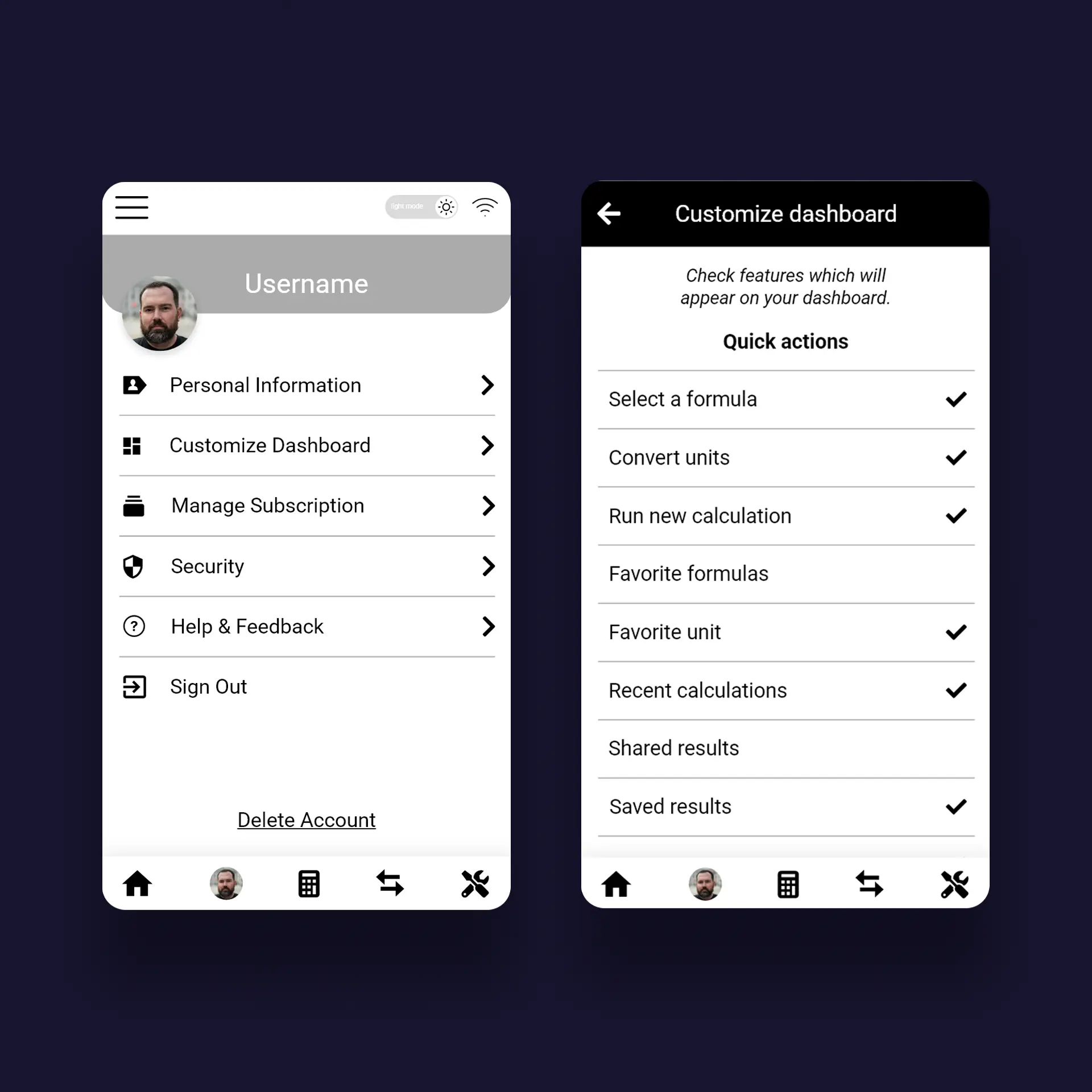 WildcatWorks app user account wireframe