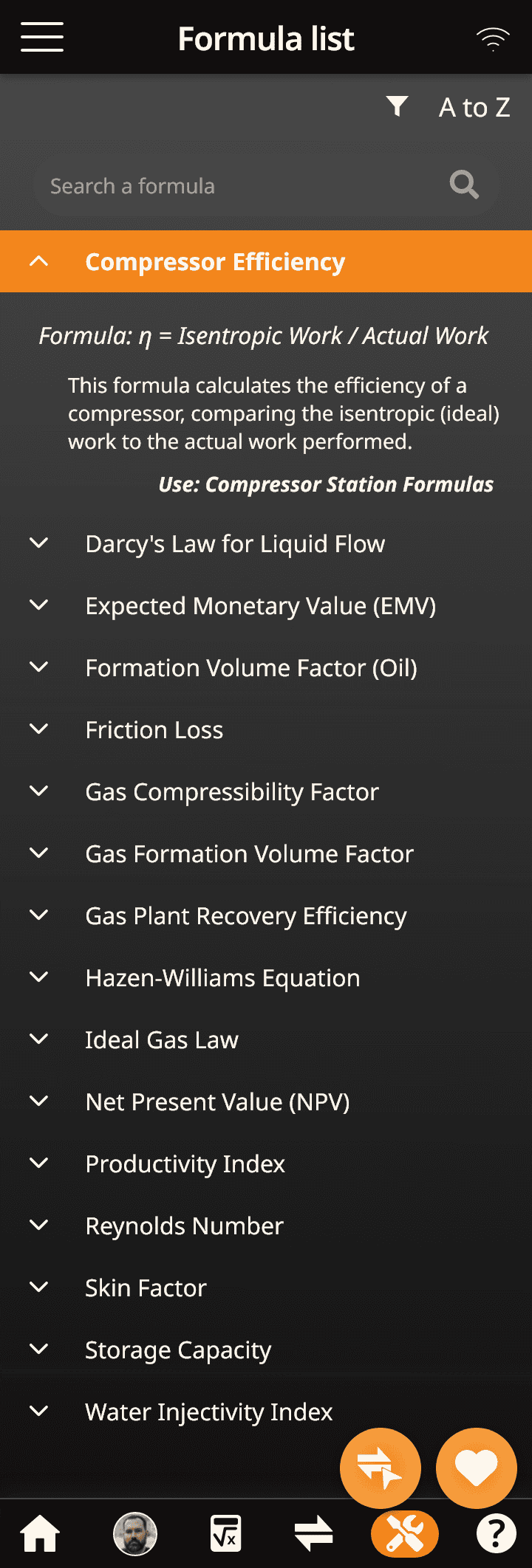 WildcatWorks formula list for logged-in online user screen