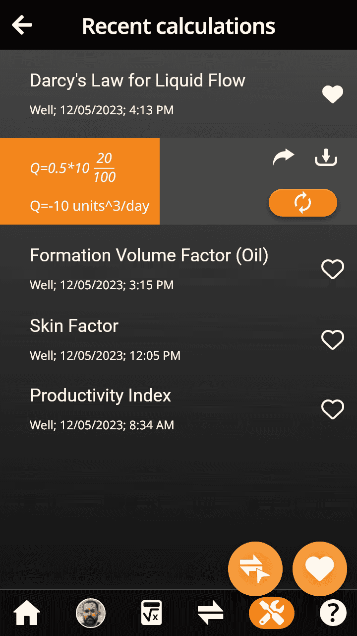 WildcatWorks recent calculations for logged-in online user screen