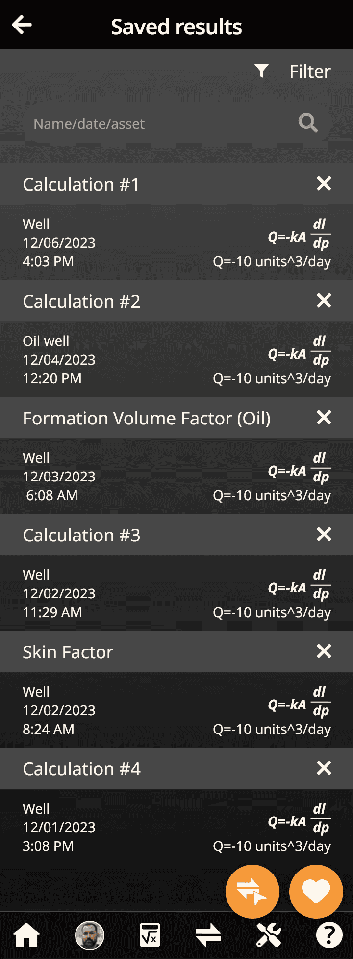 WildcatWorks saved calculation result for logged-in online user screen
