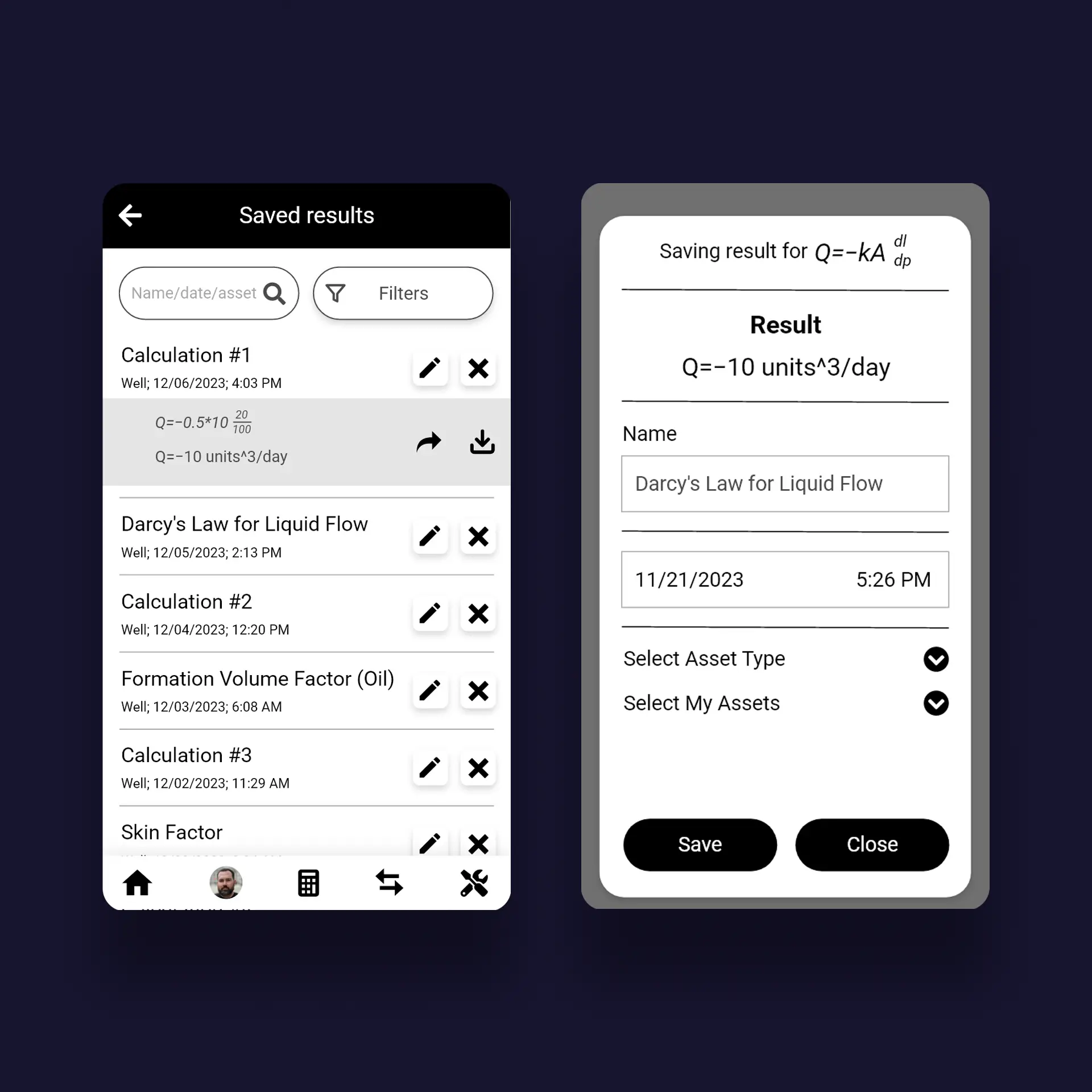 WildcatWorks app saved calculation results wireframe
