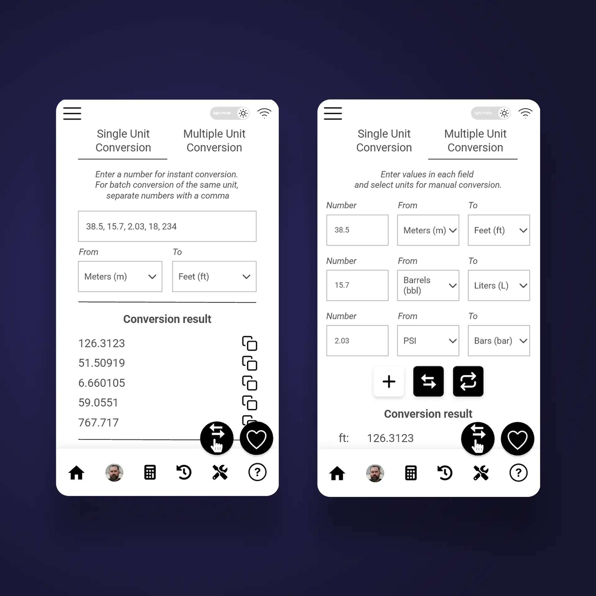 WildcatWorks app unit conversion wireframe