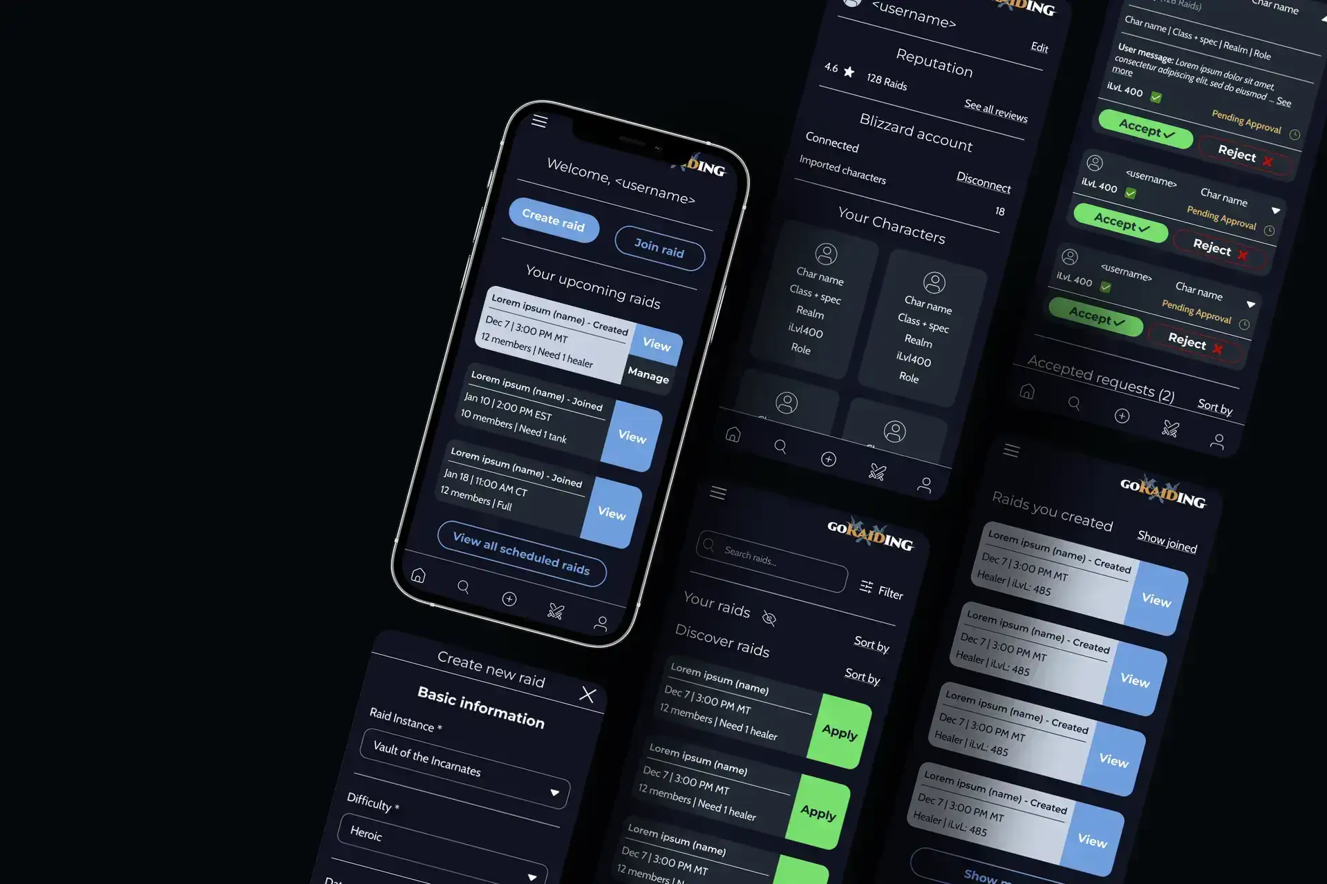 GoRaiding mobile app screens preview